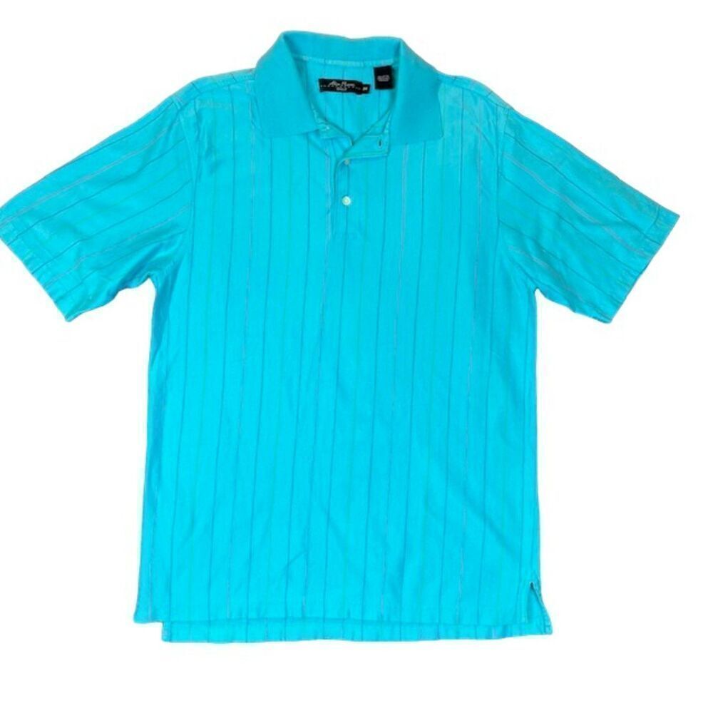 Alan Flusser Golf 100% Cotton Polor Aqua with Multicolor Pinstripes Size Medium